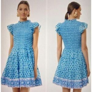 OLIPHANT Fern Blue Smocked Flirty Short Dress Block Printed Cotton Voile, Sz XS